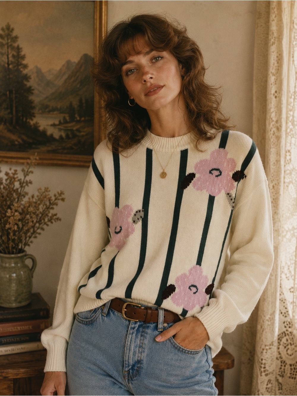 Vintage Jantzen Floral Stripe Crewneck Sweater Mediu Pastel Cottagecore Feminine